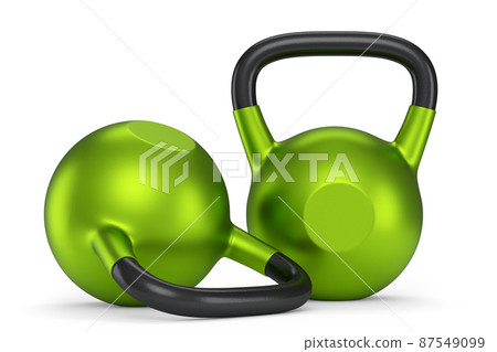 Set of gym green kettlebell for workout isolated on white background. 3d rendering of sport equipment for fitness and powerlifting Set of gym green kettlebell for workout isolated on white background. 3d rendering of sport equipment for fitness and powerlifting 87549099
