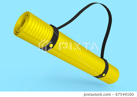 Yellow yoga mat or lightweight foam camping bed roll pad isolated on blue background. 3d rendering of sport equipment for fitness, yoga and active workout Yellow yoga mat or lightweight foam camping bed roll pad isolated on blue background. 3d rendering of sport equipment for fitness, yoga and active workout 87549100