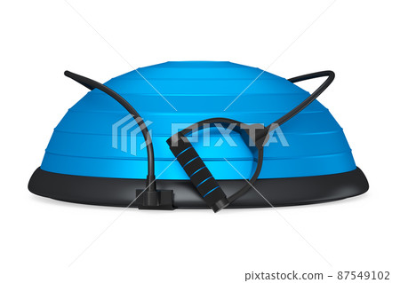 Blue fitness ball with hand expander isolated white background. 3d rendering of sport equipment for fitness, yoga and active workout Blue fitness ball with hand expander isolated white background. 3d rendering of sport equipment for fitness, yoga and active workout 87549102