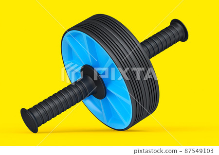 AB roller for abdominal muscles isolated on yellow background. 3d rendering of sport equipment for active workout, trx and powerlifting AB roller for abdominal muscles isolated on yellow background. 3d rendering of sport equipment for active workout, trx and powerlifting 87549103