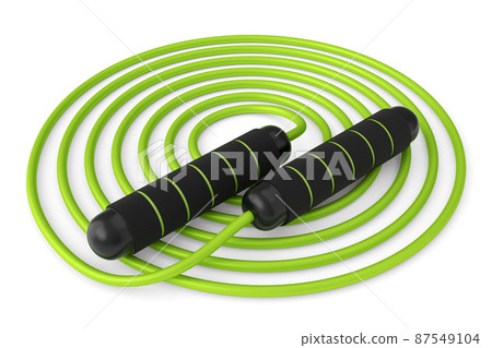 Green skipping rope or jumping rope isolated on white background. 3d rendering of sport equipment for active training, workout or exercises in gym Green skipping rope or jumping rope isolated on white background. 3d rendering of sport equipment for active training, workout or exercises in gym 87549104