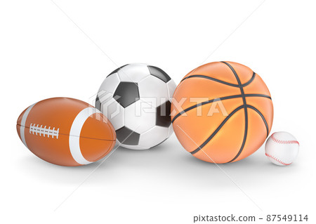 Set of ball like basketball, american football and golf isolated on white background. 3d rendering of sport accessories for team playing games Set of ball like basketball, american football and golf isolated on white background. 3d rendering of sport accessories for team playing games 87549114