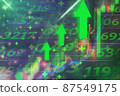 Green uptrend stock market,green bar and the line graph feeling that rise, growth, motivation, hope, and bull stock market after war crisis and pandemic. Background for the economy and data analysis. 87549175