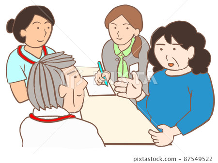 出院支持會議 一名患有精神分裂症的女性、一名精神科醫生、一名護士和一名心理健康工作者的插圖 出院支持會議 一名患有精神分裂症的女性、一名精神科醫生、一名護士和一名心理健康工作者的插圖 87549522