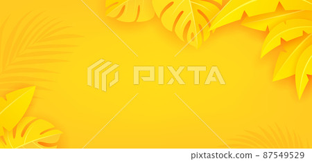 Summer, paper cut leaf shape yellow background 87549529