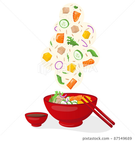 Flying salmon poke bowl illustration Hawaiian cuisine with sauce boat and chopsticks. Vector stock illustration isolated on white background for fast food restaurant with healthy, bio, meals. EPS10 Flying salmon poke bowl illustration Hawaiian cuisine with sauce boat and chopsticks. Vector stock illustration isolated on white background for fast food restaurant with healthy, bio, meals. EPS10 87549689