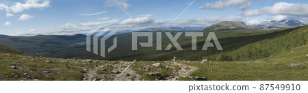 Panoramic view on valley with deep forest,Tjaktjajaure lake, mountains, hill and rocks. Wild landscape of Kungsleden hiking trail in Sarek national park, Sweden Lapland. Summer sunny day, blue sky Panoramic view on valley with deep forest,Tjaktjajaure lake, mountains, hill and rocks. Wild landscape of Kungsleden hiking trail in Sarek national park, Sweden Lapland. Summer sunny day, blue sky 87549910