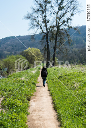 Woman with small backpack on a walking trail along the banks of the Sauer river Woman with small backpack on a walking trail along the banks of the Sauer river 87550565