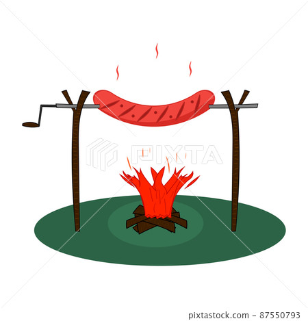 Big hot link sausage grilled on a campfire and skewer. Vector illustration on blank clear background. Big hot link sausage grilled on a campfire and skewer. Vector illustration on blank clear background. 87550793