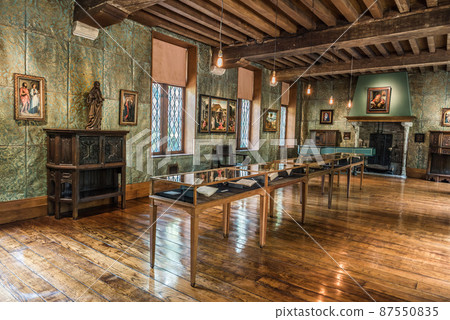 Anderlecht, Brussels - Belgium - Main living room and exposition hall with wooden floor and furniture and art objects at the Erasmus house 87550835