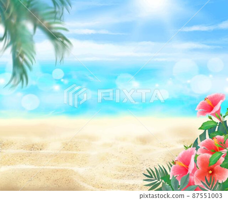 Under the blue sky where the sun shines, palm trees and hibiscus bloom on the beach Summer sea glittering fashionable frame background material Under the blue sky where the sun shines, palm trees and hibiscus bloom on the beach Summer sea glittering fashionable frame background material 87551003
