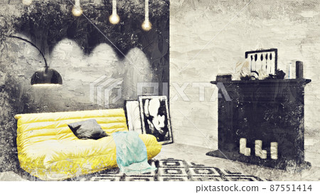 Modern beautiful interior of the room with colored walls, large windows and stylish furniture. The image is stylized as an oil painting. Bright and stylish design. 3D rendering Modern beautiful interior of the room with colored walls, large windows and stylish furniture. The image is stylized as an oil painting. Bright and stylish design. 3D rendering 87551414