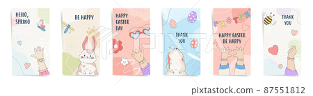 Happy easter social media stories set. Vector template design with bunnies, easter eggs, and child girl cute hands for posts, cover flyers, cards. Easter hunt sale promo posts in blue, pink colors set Happy easter social media stories set. Vector template design with bunnies, easter eggs, and child girl cute hands for posts, cover flyers, cards. Easter hunt sale promo posts in blue, pink colors set 87551812