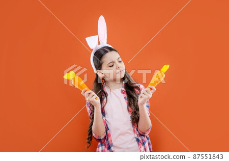 Which one do you want. happy childhood. serious bunny kid. happy easter holiday. 87551843