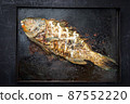 BBQ saltwater parrotfish as top view on an old black board with copy space 87552220