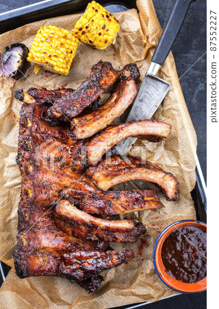 barbecue spare ribs St Louis cut with hot honey chili marinade 87552227