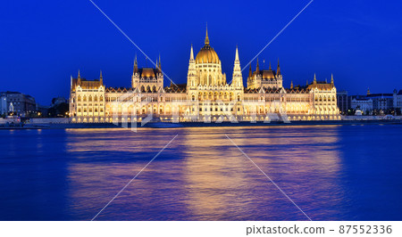Budapest parliament at blue hour near the Danube river Budapest parliament at blue hour near the Danube river 87552336