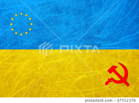 A grunge flag of Ukraine with the symbols of the European Union and Russia 87552376