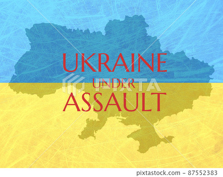 Flag and map of Ukraine. Ukraine under assault text 87552383
