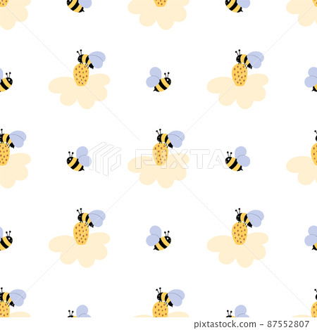 Bee flower pattern. Cute honey bee on flower, meadow floral seamless pattern. Cute cartoon flying bees summer background. Vector illustration. 87552807