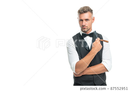 man barber with razor blade in bow tie isolated on white background with copy space 87552951
