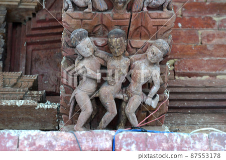 Erotic carvings on a Hindu temple in Kathmandu, Nepal. Now destroyed by the powerful earthquake that hit Nepal Erotic carvings on a Hindu temple in Kathmandu, Nepal. Now destroyed by the powerful earthquake that hit Nepal 87553178