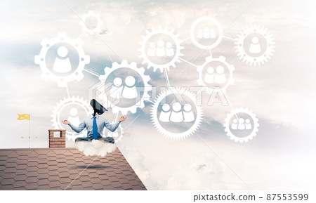 Concept of security and privacy protection with camera headed man meditating 87553599