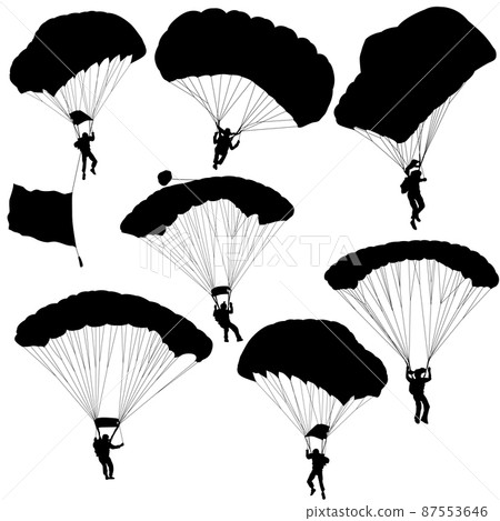 Set skydiver, silhouettes parachuting on white background 87553646