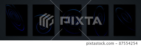 Set of abstract blue spiral modern black backgrounds, Trendy minimalistic swirl vibrant blue gradient posters collection. Cool Covers, Placards, Banners, cards with copy space for your text 87554254