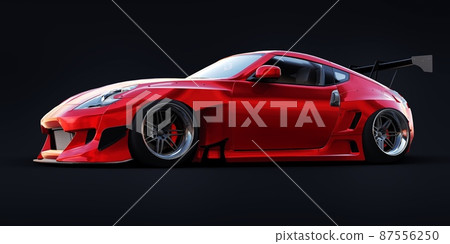 tuned sports racing car with arch extensions, air suspension and a huge spoiler. 3d rendering tuned sports racing car with arch extensions, air suspension and a huge spoiler. 3d rendering 87556250