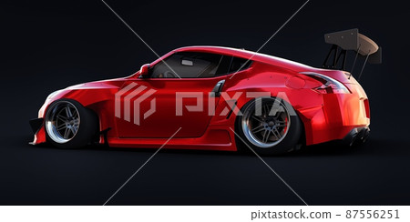 tuned sports racing car with arch extensions, air suspension and a huge spoiler. 3d rendering tuned sports racing car with arch extensions, air suspension and a huge spoiler. 3d rendering 87556251