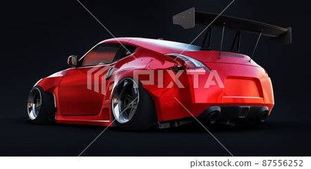 tuned sports racing car with arch extensions, air suspension and a huge spoiler. 3d rendering tuned sports racing car with arch extensions, air suspension and a huge spoiler. 3d rendering 87556252