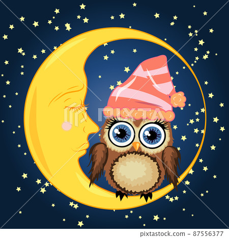 Cute cartoon brown owl sits on the slumbering crescent moon in the night sky with stars. Cute cartoon brown owl sits on the slumbering crescent moon in the night sky with stars. 87556377