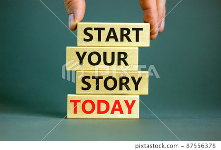 Start your story today symbol. Concept words Start your story today on wooden blocks. Businessman hand. Beautiful grey table grey background. Start your story today business concept. Copy space. Start your story today symbol. Concept words Start your story today on wooden blocks. Businessman hand. Beautiful grey table grey background. Start your story today business concept. Copy space. 87556378