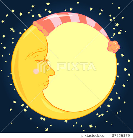 moon in a sleeping cap with a closed eye in a blue night sky with stars moon in a sleeping cap with a closed eye in a blue night sky with stars 87556379