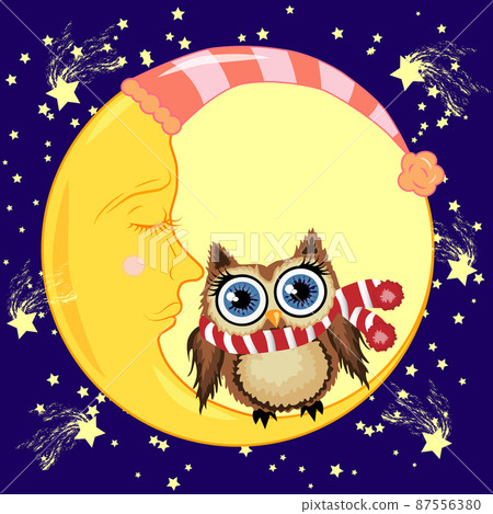 Cute cartoon brown owl sits on the slumbering crescent moon in the night sky with stars. Cute cartoon brown owl sits on the slumbering crescent moon in the night sky with stars. 87556380