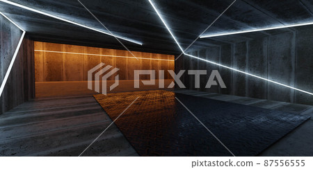 dark empty concrete industrial basement hall futuristic design with blue and orange neon light 3d render illustration dark empty concrete industrial basement hall futuristic design with blue and orange neon light 3d render illustration 87556555