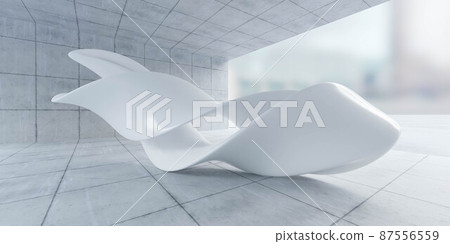 abstract conrete hall with city sky line background and futuristic white object 3d render illustration abstract conrete hall with city sky line background and futuristic white object 3d render illustration 87556559