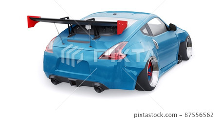 Blue tuned sports racing car with arch extensions, air suspension and a huge spoiler. 3d rendering 87556562