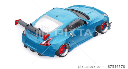 Blue tuned sports racing car with arch extensions, air suspension and a huge spoiler. 3d rendering Blue tuned sports racing car with arch extensions, air suspension and a huge spoiler. 3d rendering 87556578