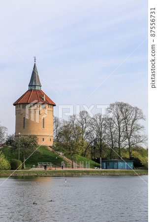 Slottsparken park pond and old tower panorama, Malmo, Sweden 87556731