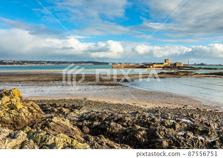 Saint Aubin Fort in a low tide waters, La Manche channel, bailiwick of Jersey, Channel Islands 87556751