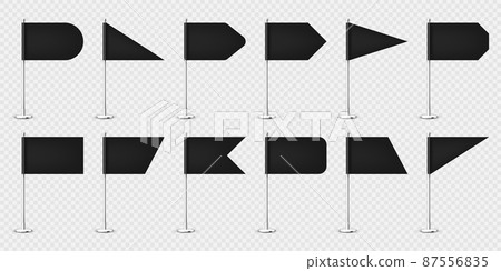 Realistic various table flags on a chrome steel pole. Blank black desk flag made of paper or fabric Realistic various table flags on a chrome steel pole. Blank black desk flag made of paper or fabric 87556835