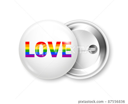 Realistic white badge with LGBTQ rainbow flag. Lesbian, gay, bisexual, transgender love symbol Realistic white badge with LGBTQ rainbow flag. Lesbian, gay, bisexual, transgender love symbol 87556836