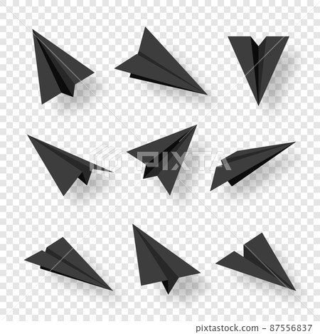 Realistic black handmade paper planes isolated on transparent background. Origami aircraft in flat Realistic black handmade paper planes isolated on transparent background. Origami aircraft in flat 87556837