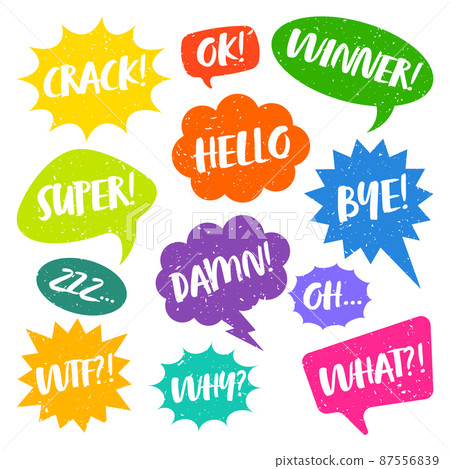Colorful grunge comic speech bubbles with handwritten text. Hand drawn retro cartoon stickers Colorful grunge comic speech bubbles with handwritten text. Hand drawn retro cartoon stickers 87556839