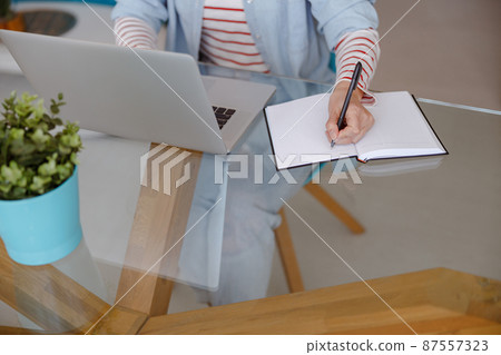 Woman using laptop and taking notes at home Woman using laptop and taking notes at home 87557323