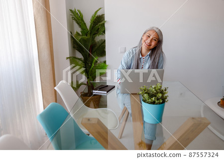 Cheerful woman sitting at the table with laptop at home Cheerful woman sitting at the table with laptop at home 87557324