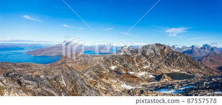 View to Nuuk fjord and surrounding mountains from the top of Store Malena mountain, Greenland 87557578