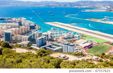Gibraltar city and bay panoramic view from the Rock of Gibraltar with downtown 87557625